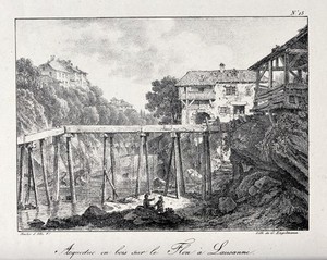 view Lausanne, Switzerland: a wooden aqueduct over the river Flon. Lithograph by L. Bacler d'Albe.