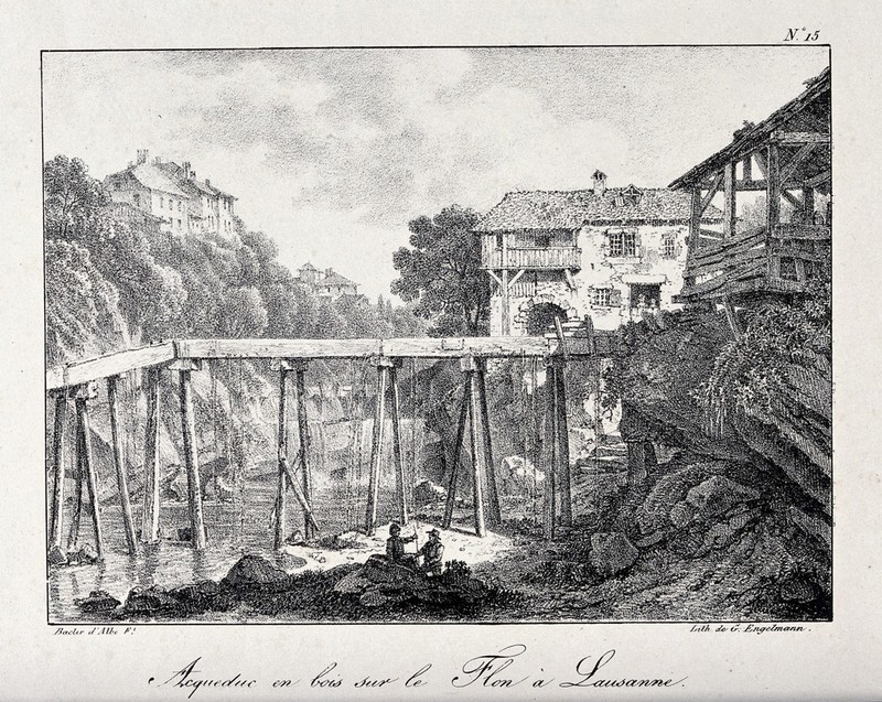 Lausanne, Switzerland: a wooden aqueduct over the river Flon. Lithograph by L. Bacler d'Albe., by Louis Albert Guislain Bacler d'Albe