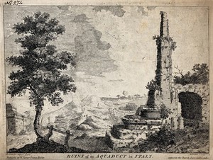 view Ruins of an aqueduct in Italy. Etching by B. Mayor and W. Pettit.