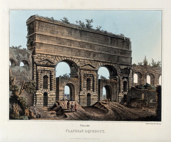 The Porta Maggiore, Rome, incorporating part of the Claudian aqueduct (Aqua Claudia). Coloured aquatint with etching by M. Dubourg, 1820.