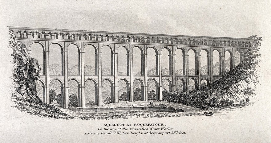 Civil engineering: the Pont Cysylte aqueduct, the aqueduct at Pyrgos, the aqueduct at Roquefavour and the Colosseum at Rome. Engraving.