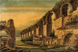 view The Salonica aqueduct. Watercolour painting by Brigges.