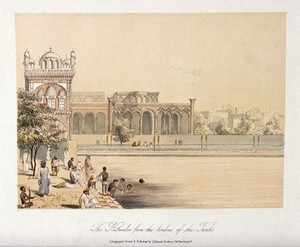 view People swimming in and relaxing by an enormous open air tank (in India?). Coloured lithograph.