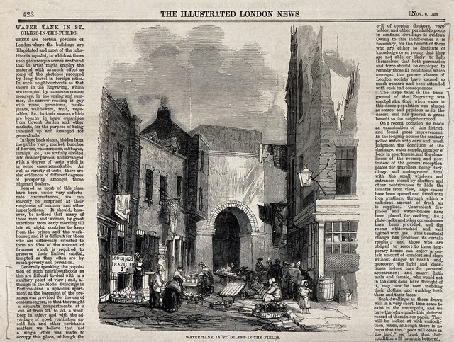 Water tank in St. Giles in the Fields, London. Wood engraving, 1858.