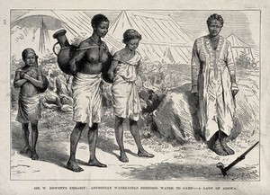 view Abyssinian girls carrying water to a camp. Wood engraving by P.F. Durand.