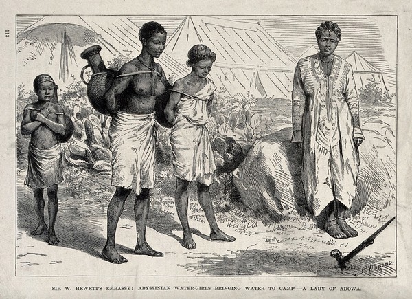 Abyssinian girls carrying water to a camp. Wood engraving by P.F. Durand.