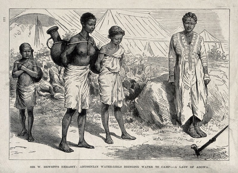 Abyssinian girls carrying water to a camp. Wood engraving by G. Durand., 1884, by Godefroy Durand