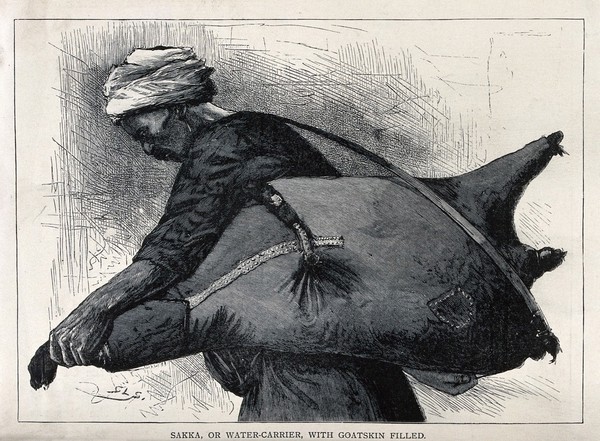 A water-bearer in Egypt, carrying water on his back in a goat-skin. Wood engraving after G.L. Seymour.
