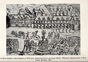 view The water fountain of Cornelius at Aix-la-Chapelle. Reproduction of a woodcut, 1680.