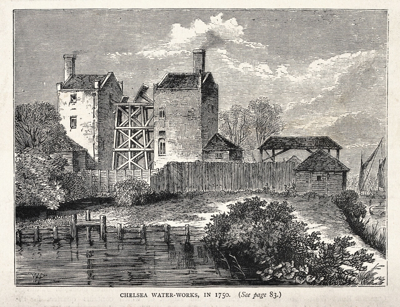 Chelsea water-works in 1750. Wood engraving by W.H Prior., by William Henry Prior