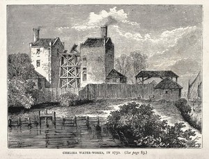 view Chelsea water-works in 1750. Wood engraving by W.H Prior.