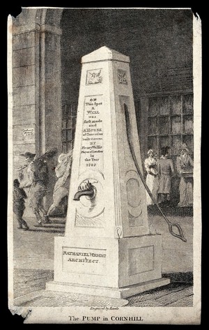 view The water pump in Cornhill designed by Nathaniel Wright. Engraving by S. Rawle, 1800.