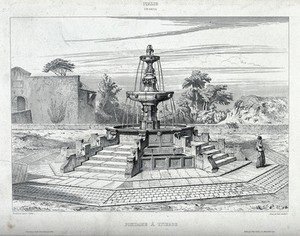 view The fountain at Viterbo. Etching by L. Gaucherel after A. Verdier.