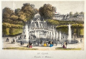 view The fountains and castle at St. Cloud. Coloured lithograph.