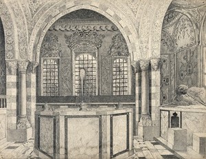 view Bath and fountain at Emir Beshir's palace, Beit-ed-din. Pencil drawing.