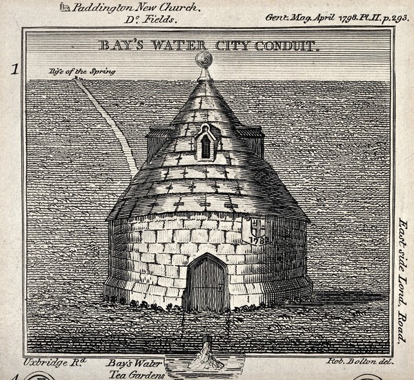 The conduit at Bayswater, London. Engraving, 1798, after R. Bolton.
