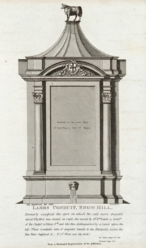 Lamb's conduit, Snow Hill. Engraving by Levens after J. Sanderson, 1745.