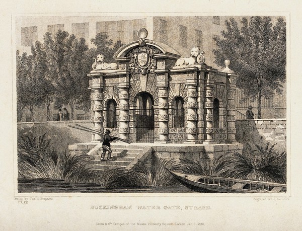 Buckingham water gate, the Strand. Engraving by J. Henshall, 1830, after a drawing by T.H. Shepherd.