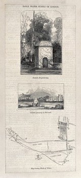 Early water supply of London: conduit at Knightsbridge, the conduit at Pall Mall, and a map showing heads of water in central London. Wood engraving.