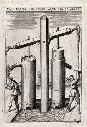 Two men working a water machine. Engraving.