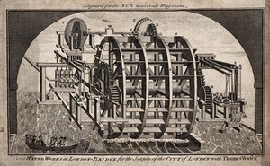 view Water-wheel at London Bridge, for supplying water from the Thames to the City of London. Engraving by B. Cole.