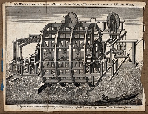 Water-wheel at London Bridge for supplying water from the Thames to the City of London. Engraving, 1749.