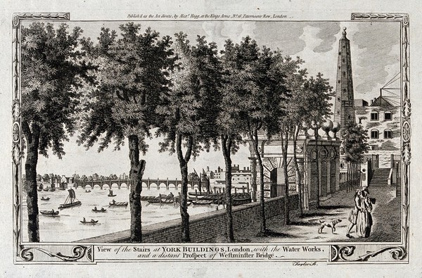 The stairs at York Buildings, the Strand; in the background are the tower of the waterworks and Westminster Bridge. Engraving by I. Taylor, c.1780.