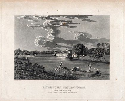 Fairmont waterworks, Philadelphia. Aquatint by G. Lehman, 1829.