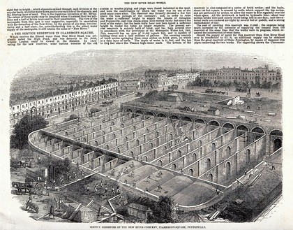 Storage reservoir at Claremont Square, Pentonville, under construction. Wood engraving, 1856.