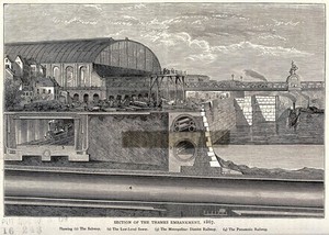 view Section of the Thames embankment in 1867: the position of the low-level sewer is shown. Wood engraving.