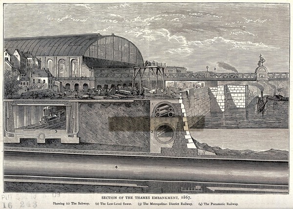 Section of the Thames embankment in 1867: the position of the low-level sewer is shown. Wood engraving.