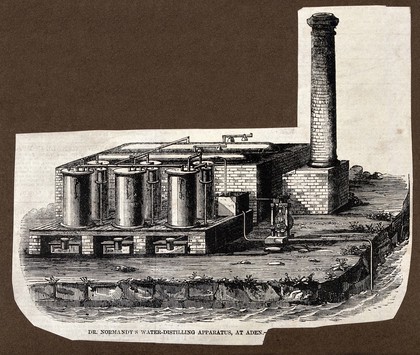 Dr. Normandy's water-distilling apparatus, at Aden. Wood engraving.