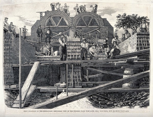 The construction of the great sewage tunnels, near Old Ford, Bow. Wood engraving, 1859, after F. Thompson.