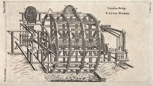 view The large waterwheel at the waterworks on London Bridge. Engraving by T. Jefferys.