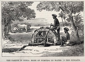 view A man raising water with a water-wheel during a famine in India. Wood engraving after J. Calvert, 1877.