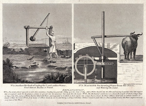 Four methods of irrigating land in Egypt. Engraving by S.I. Neele, 1803.