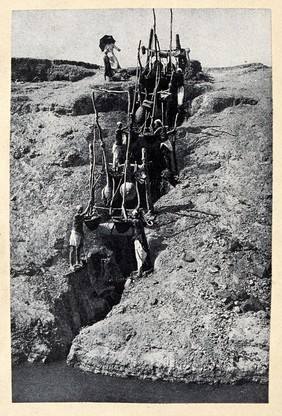 A method of raising water from a river to the top of an embankment. Reproduction of a photograph.