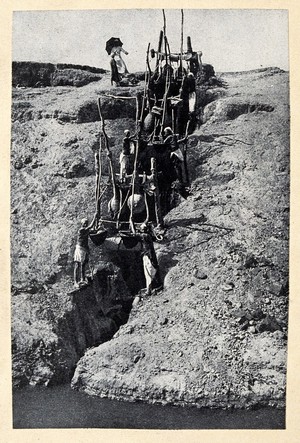 view A method of raising water from a river to the top of an embankment. Reproduction of a photograph.