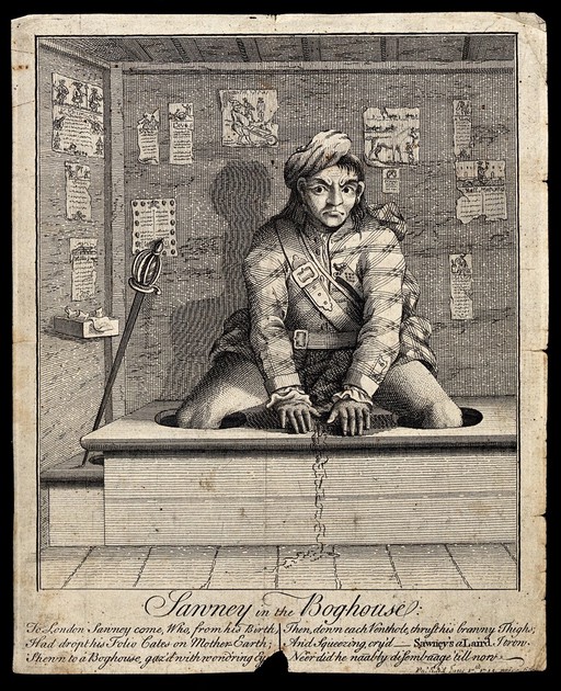 A man in Highland dress seated on a latrine with his legs thrust down the holes in the board and his hands placed before him; his urine trickles over the edge of the toilet. Engraving, 1745.