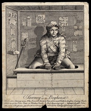 view A Scotsman using a lavatory for the first time, is seated on a latrine with his legs thrust down the holes in the board and his hands placed before him; his urine trickles over the edge of the toilet. Engraving by C. Mosley, 1745.