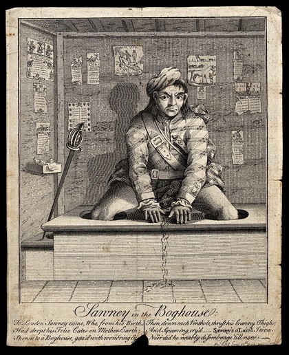 A Scotsman using a lavatory for the first time, is seated on a latrine with his legs thrust down the holes in the board and his hands placed before him; his urine trickles over the edge of the toilet. Engraving by C. Mosley, 1745.