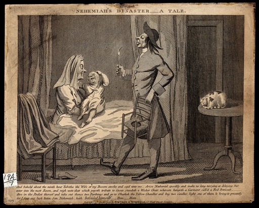 A man carrying a child's commode to a woman lying in bed who holds a screaming baby in her arms. Engraving.