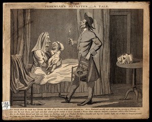 view A man carrying a child's commode chair to a woman lying in bed who holds a screaming baby in her arms. Engraving.