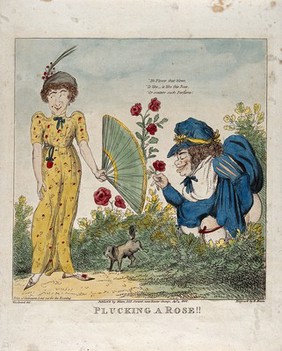 A large woman and a small dog relieving themselves in a bush; a woman standing to the left attempts to assist by shielding the woman with a large fan. Coloured etching by R. Hixon, 1800, after G.M. Woodward.