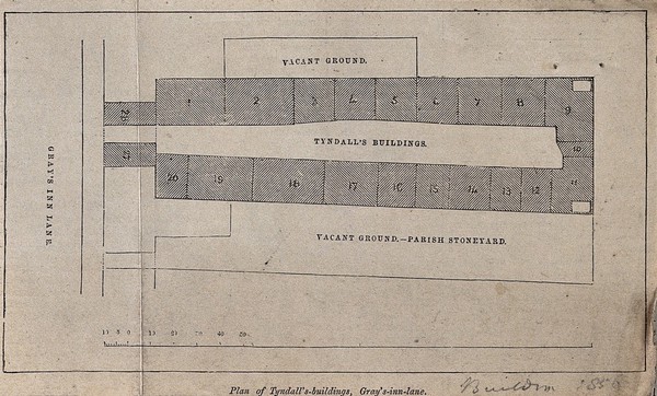 Plan of Tyndall's buildings, Gray's Inn Lane. Wood engraving, 1856.