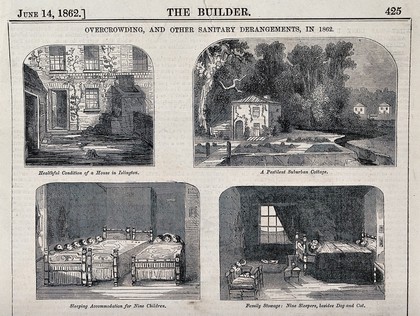 Overcrowding and poor living conditions in London, 1862: eleven scenes. Wood engraving, 1862.