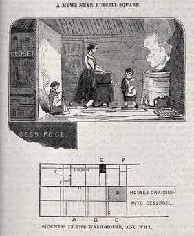 Poor sanitary conditions in London in 1862: four scenes. Wood engraving by W. E. Hodgkin, 1862.