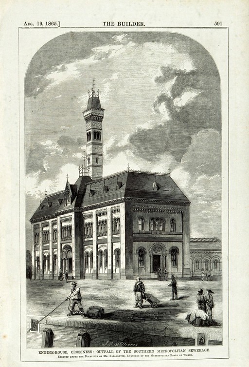 The engine-house at Crossness and the outfall of the southern Metropolitan sewerage. Wood engraving by J.M. Williams, 1865.