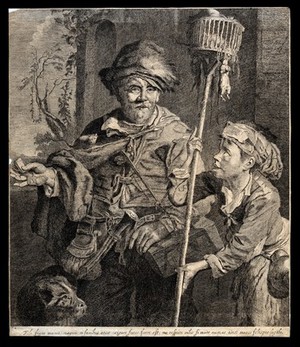 view A rat-catcher in Haarlem with a rat running along his cape holds out rat poison in his right hand; to the right a boy assistant carries a cage on a long stick with rats in and hanging off it. Etching by C. Visscher after himself.