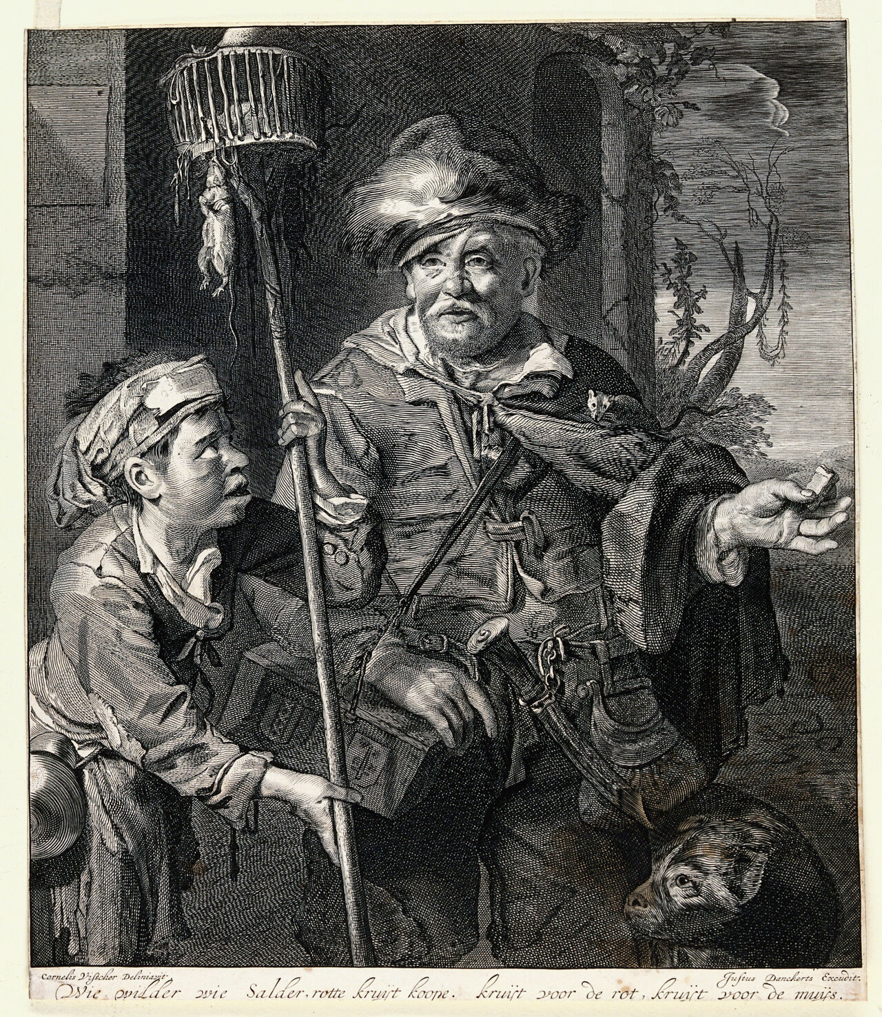 A rat-catcher in Haarlem with a rat running across his cape, holds out rat poison in his left hand; to the left a boy assistant carries a cage on a long stick with rats in it and hanging off it. Engraving after C. Visscher., by Cornelis Visscher
